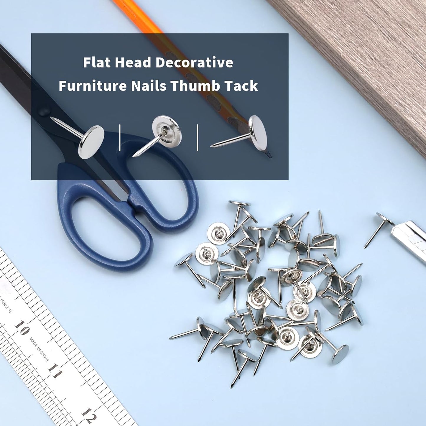 200Pcs Flat Head Upholstery Tacks Home Furniture Decor Tack Upholstery Nails Flat Push Pins Flat Thumb Tacks Silver (11mmx17mm)