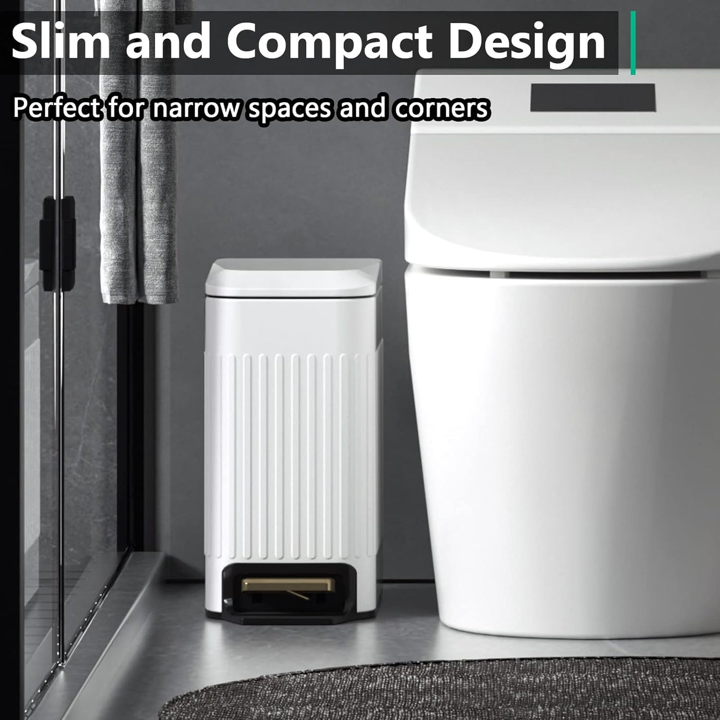 Small Bathroom Trash Can with Lid Soft Close-6L/1.6 Gal Slim Step Garbage Can-Metal Pedal Wastebasket-Narrow Rectangle Garbage Container Bin for Corner Office, Bedroom, Toilet, Live Room-White