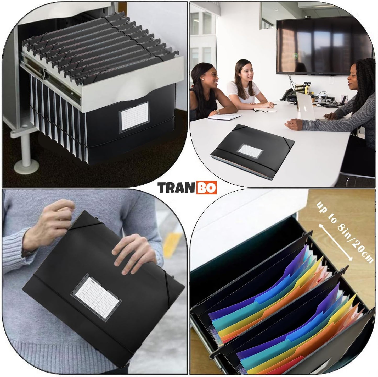 TRANBO 7-Pockets Hanging File Folder with Retractable Hooks for Filing Cabinet, Letter Size Expandable Accordion File Organizer with Elastic Band for File Frame or On-The-Go Use (3 Pack)