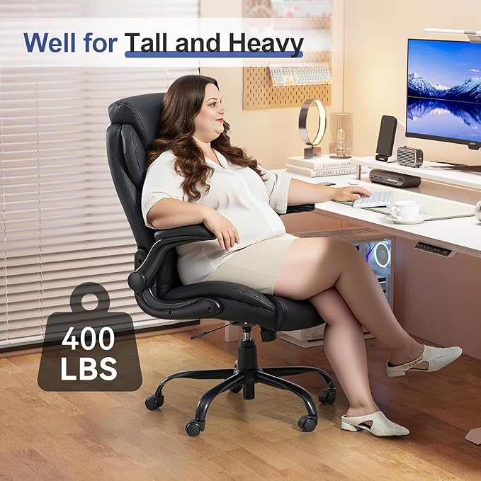 Brage Living 400LBS Big and Tall Office Chair, Leather Executive Desk Chair with Padded Flip-up Arms, Heavy Duty Swivel Rolling Computer Chair for Home Office, Black