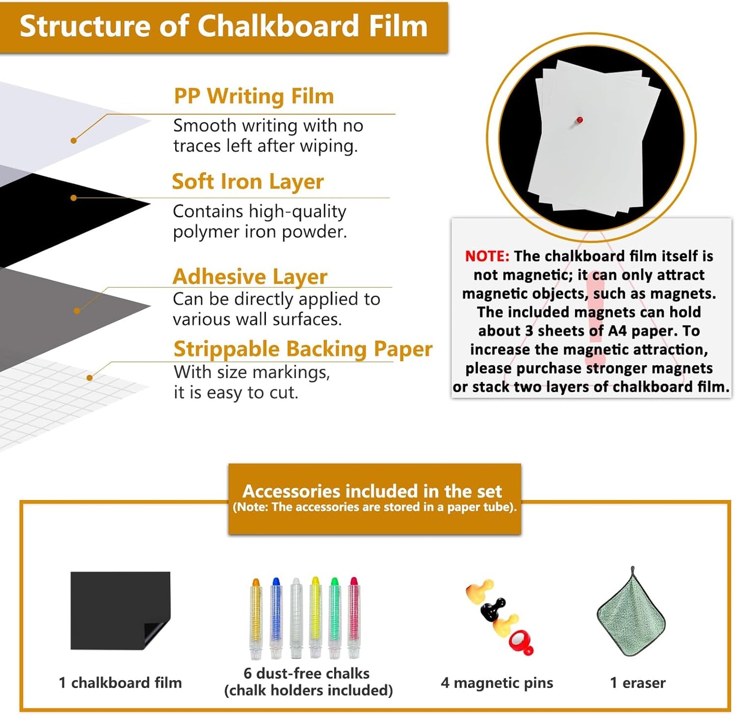 Magnetic Chalkboard Contact Paper with Adhesive, 94" x 47" Magnetic Blackboard Film for Walls, Peel and Stick – Ideal for Office, Classroom, Home. Includes Dustless Chalk, Wiping Cloth, and Magnet