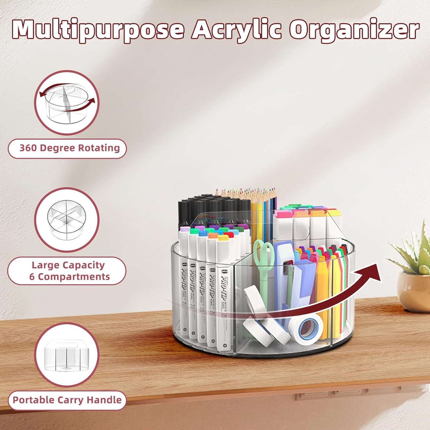 Absonic 2 Pack Acrylic Pen Organizer, 360 Rotating Clear Colored Pen and Pencil Crayon Marker Holder Caddy for Desk, Desktop Storage and Organizer for School Art Supplies