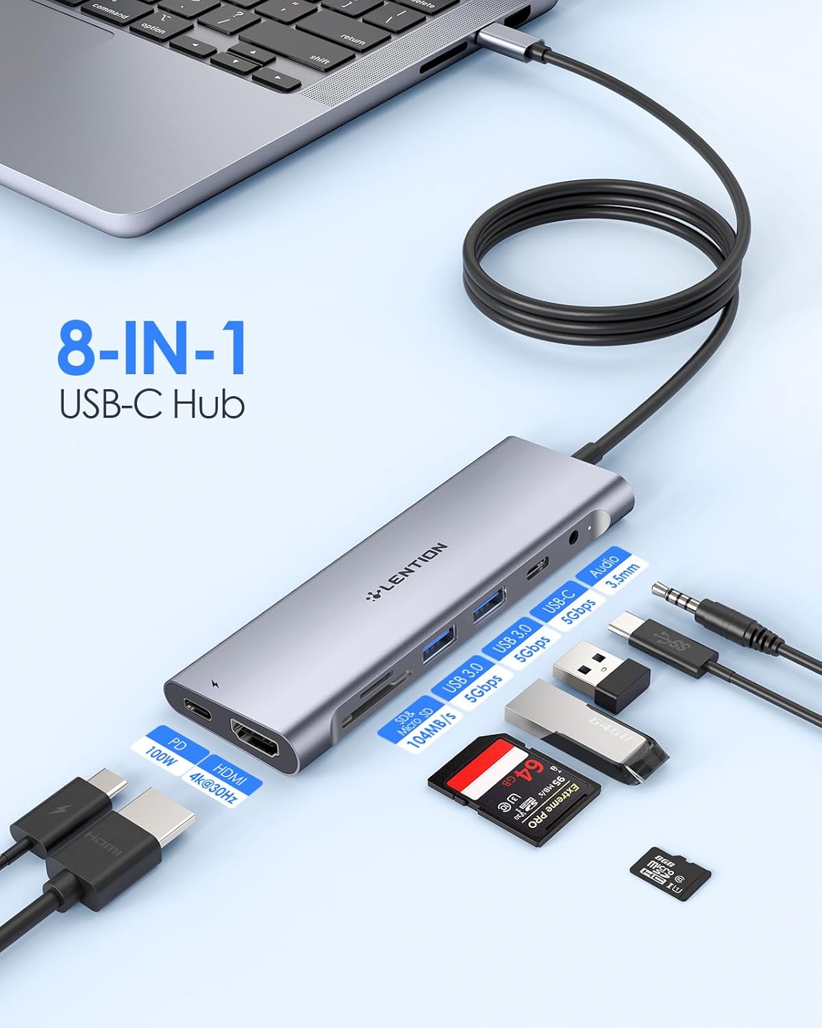 LENTION 3.3FT Long Cable USB C Hub with 4K HDMI, 2 USB 3.0, Card Reader, Aux, Type C Data/Charging Compatible 2024-2016 MacBook Pro, Mac Air/Surface, More, Stable Driver Adapter (CB-C37, Space Gray)