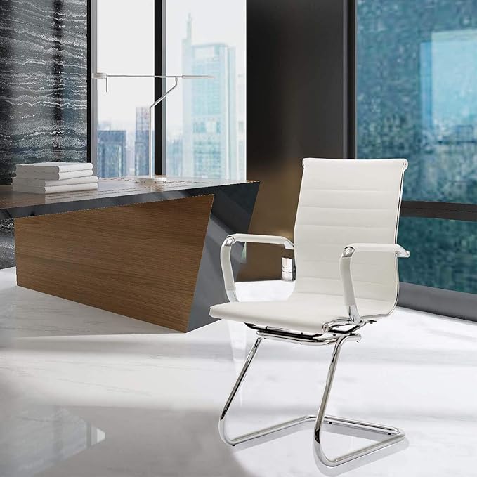 Reception Chairs Leather Conference Chairs No Wheels Back Support Heavy Duty Office Guest Chair, Set of 2 (White)