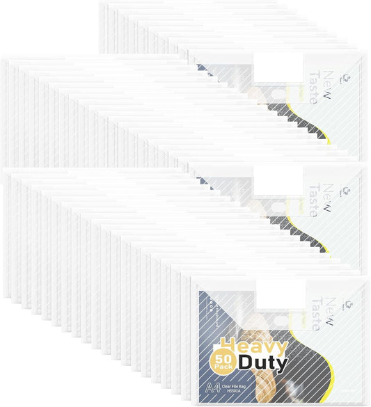 50 Pack, Clear Plastic Envelopes File Folders, HeavyDuty Document Holder with Label Pockets for Letter and A4 Size, Document Folder for School Home Work Office Organizer (50)