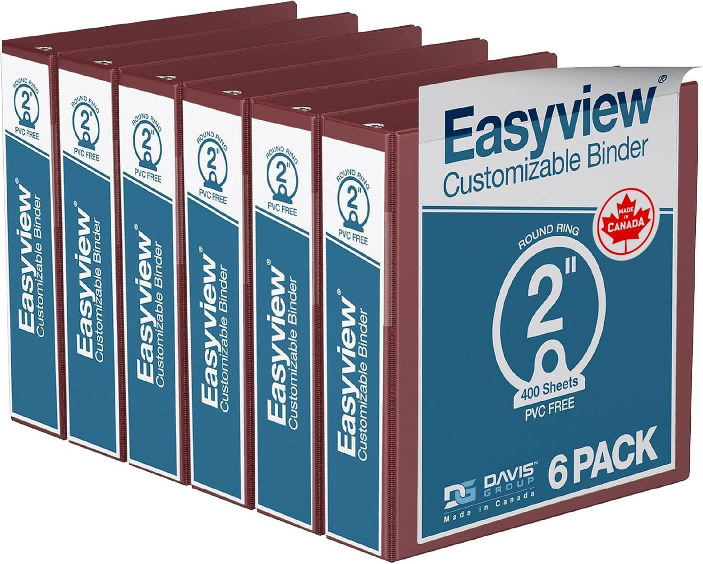 Easyview Premium 3-Ring Binders with Clear-View Covers and Round Rings, Binders for School or Office, 2 Inch, Pack of 6, Burgundy