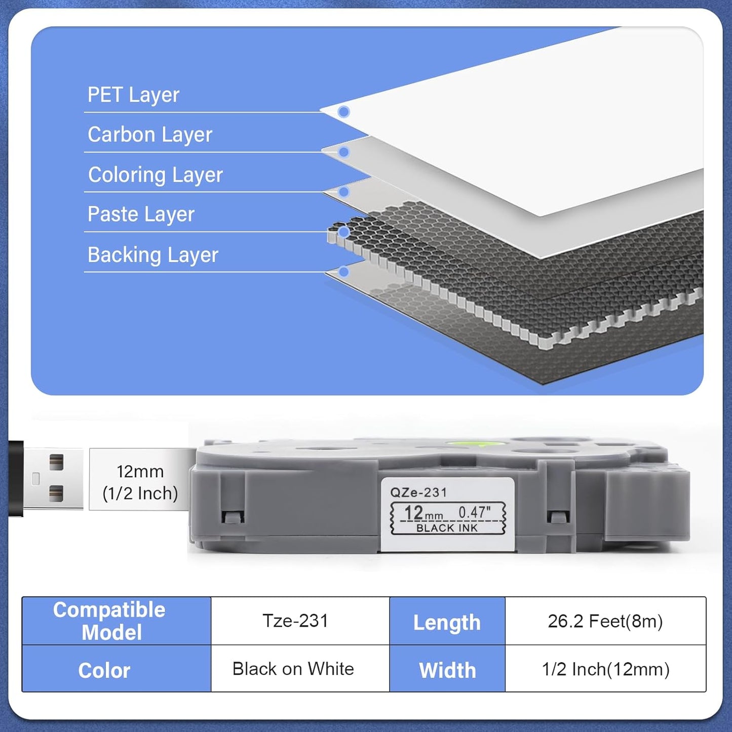 6Pack TZe-231 Tape Label Maker Compatible with Brother P-Touch TZe-231 Tape, TZE231 ½” 0.47”x 26.2 ft Laminated Black on White, for use with PT-D210, PT-H110, PT-D220, PT-D410, PT-D600