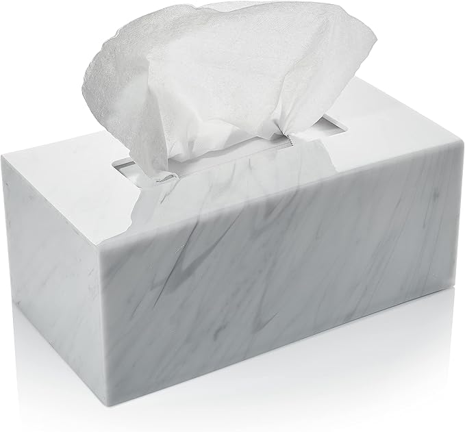 Acrylic Tissue Box Holder, Clear Dispenser for Facial Tissues, Napkins, and Dryer Sheets. Perfect for Bathrooms, Desks, Countertops, Vanities, Bedrooms, and Nightstands (Rectangle, Marble)