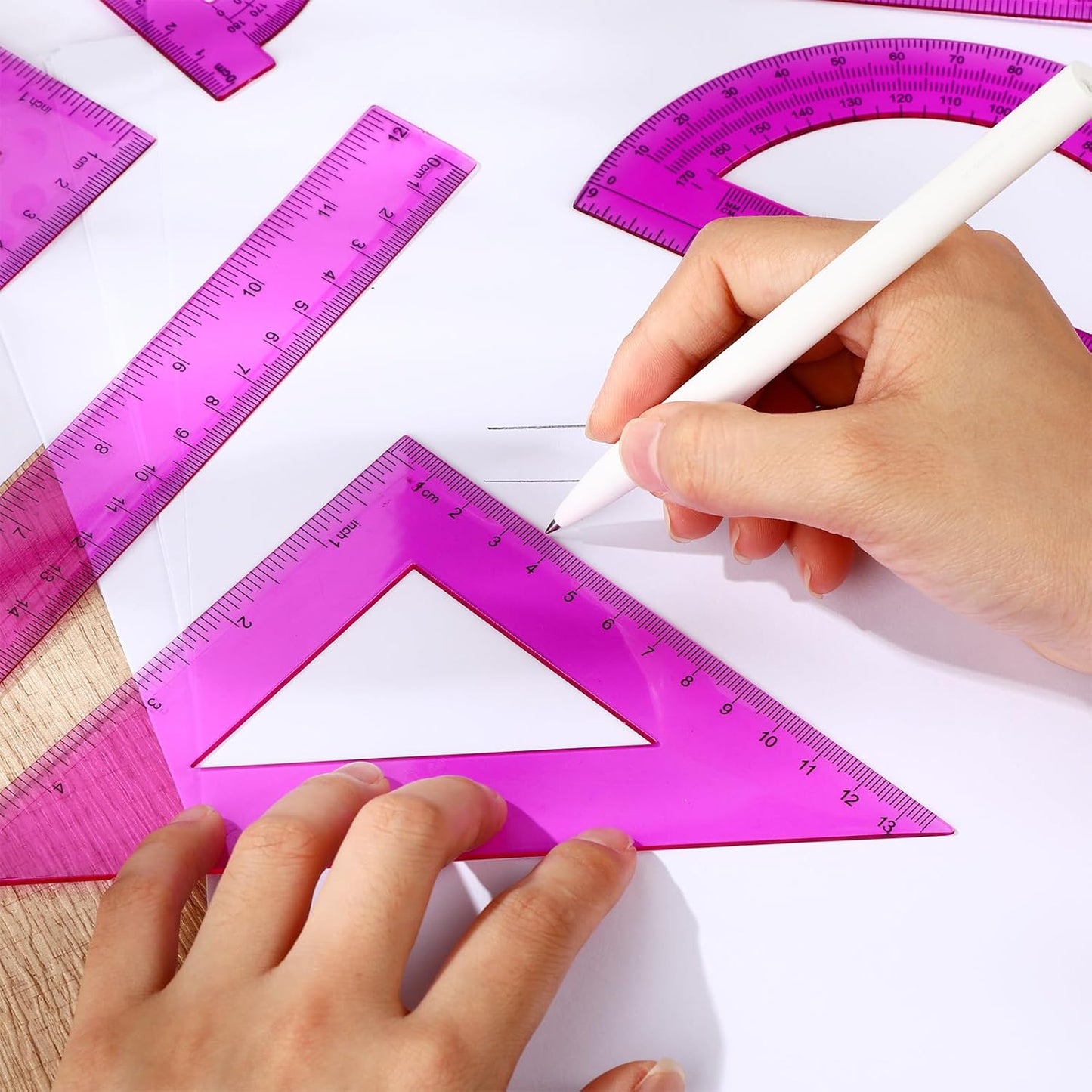 Zonon 1 Set Plastic Geometry Math Set 7 Pcs Includes 6'' / 4 '' Protractor, Drawing Compass, 45/60 Degree Triangle Rulers, 12'' / 6'' Math Ruler Transparent for Office Supplies(Purple)