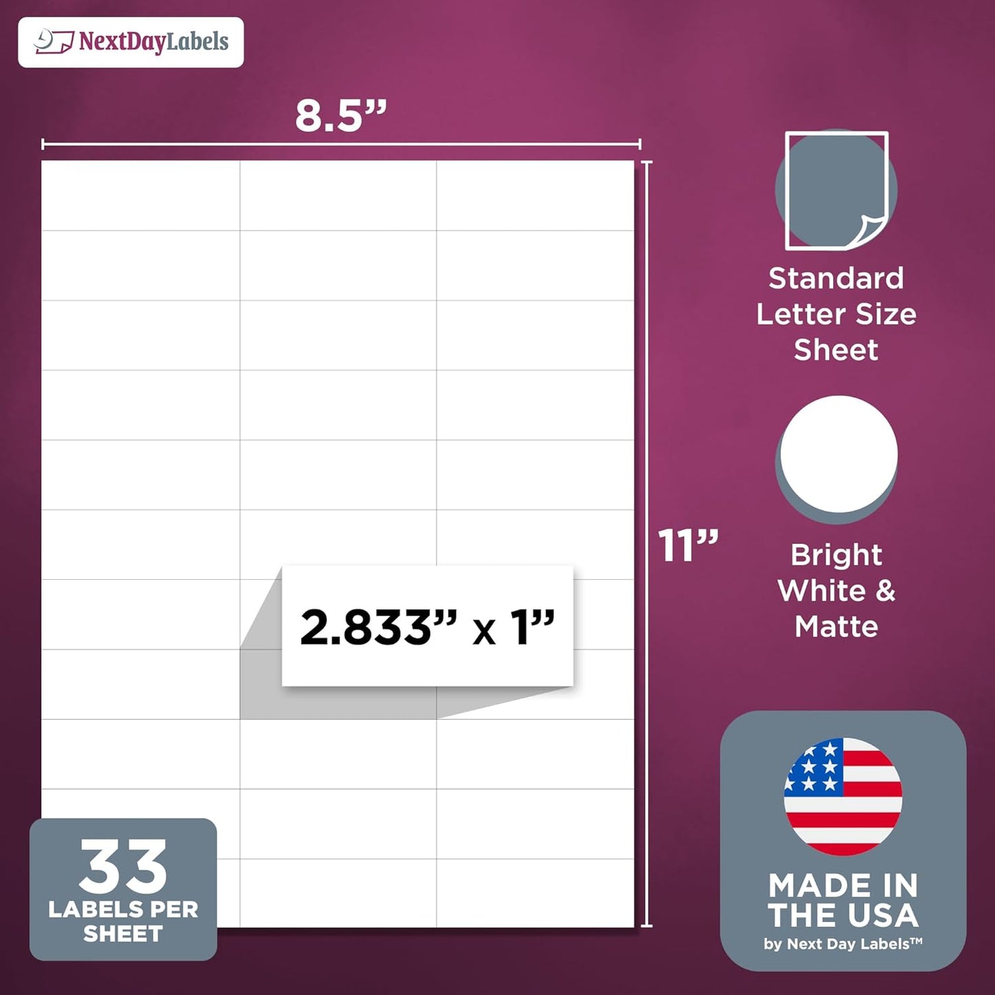 NextDayLabels - 2.83" x 1" Rectangular Sticker Labels for Printer - White Laser/Inkjet Printer Labels Return Address Labels Shipping Label Stickers (1000 Sheets, 33 Per Sheet, 33000 Labels)