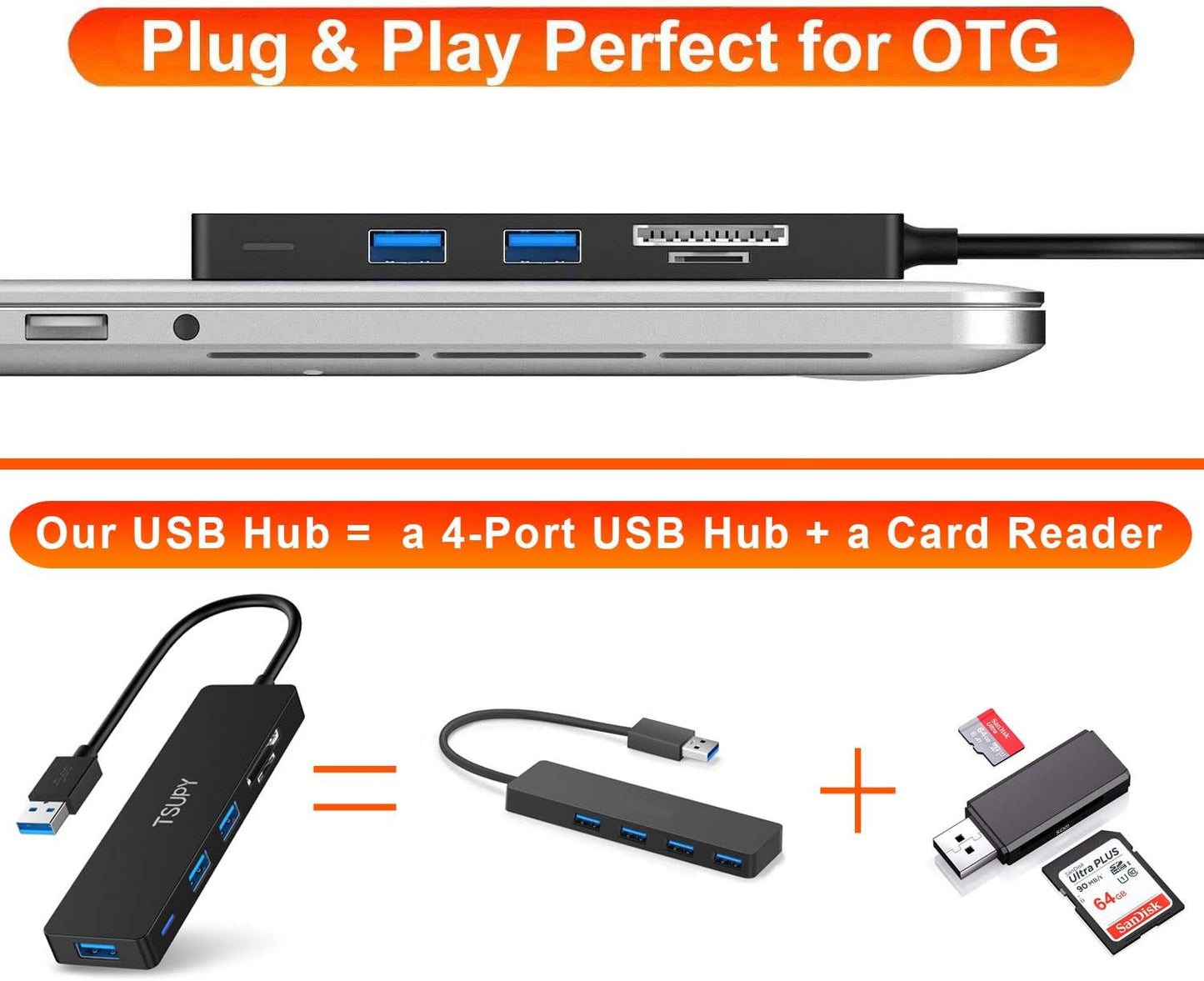 USB Hub 3.0, TSUPY 5 in 1 Multiport Adapter USB 3.0 Hub with SD Micro SD Card Reader, 3 USB 3.0 Ports Compatible for Laptop, MacBook, PC, Printer,Surface Pro, USB Flash Drives