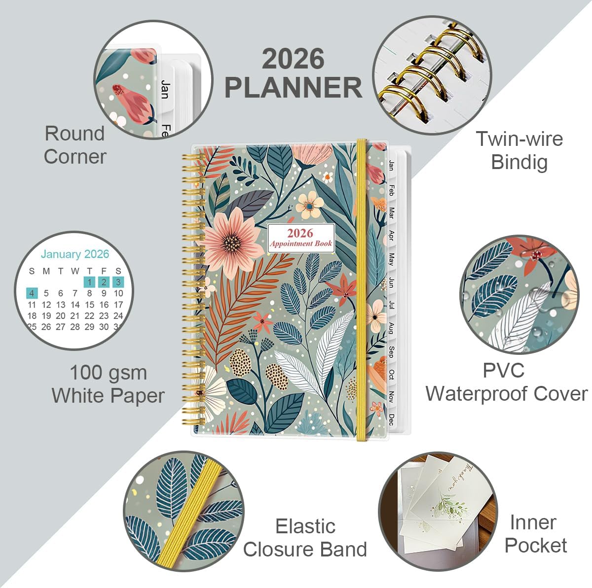 2026 Appointment Book & Planner - 2026 Daily Hourly Planner from January 2026 - December 2026, Weekly Appointment Book with 30-Minute Interval, Medium 6.4" x 8.5", Flower-A
