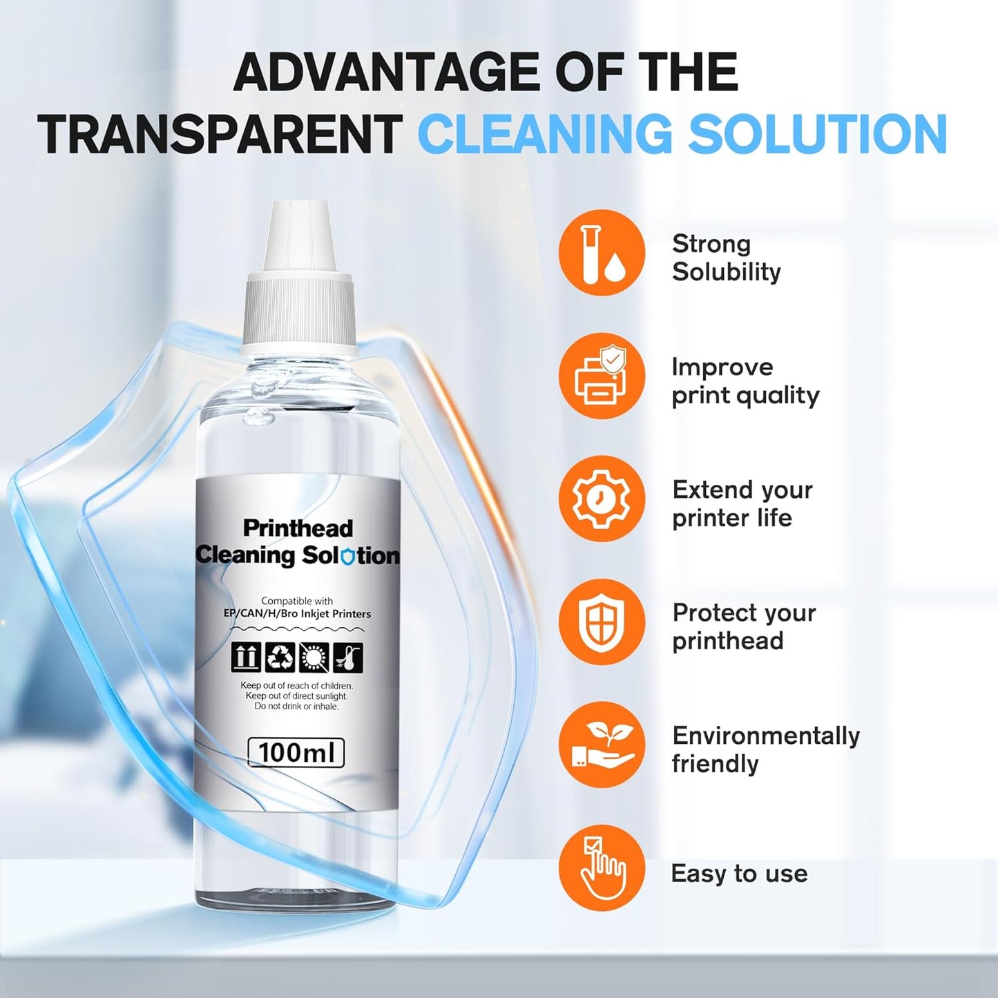 E-Z Ink Printer Cleaning Kit for Epson Ecotank Printer, Printerhead Cleaning kit for HP/Canon/Brother Inkjet Printers, Printhead Cleaning Solution, 100ML