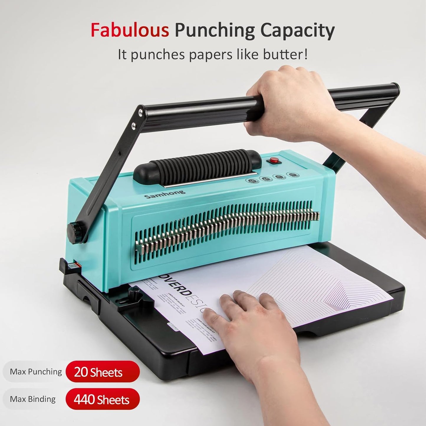 SAMHONG Spiral Coil Binding Machine - Electric Coil Inserter & 20-Sheet Punch (Letter/A4/A5) | 46 Fully Disengaging Dies | Adjustable Margins | Bind up to 440 Sheets | Free Coil Spines & Plier