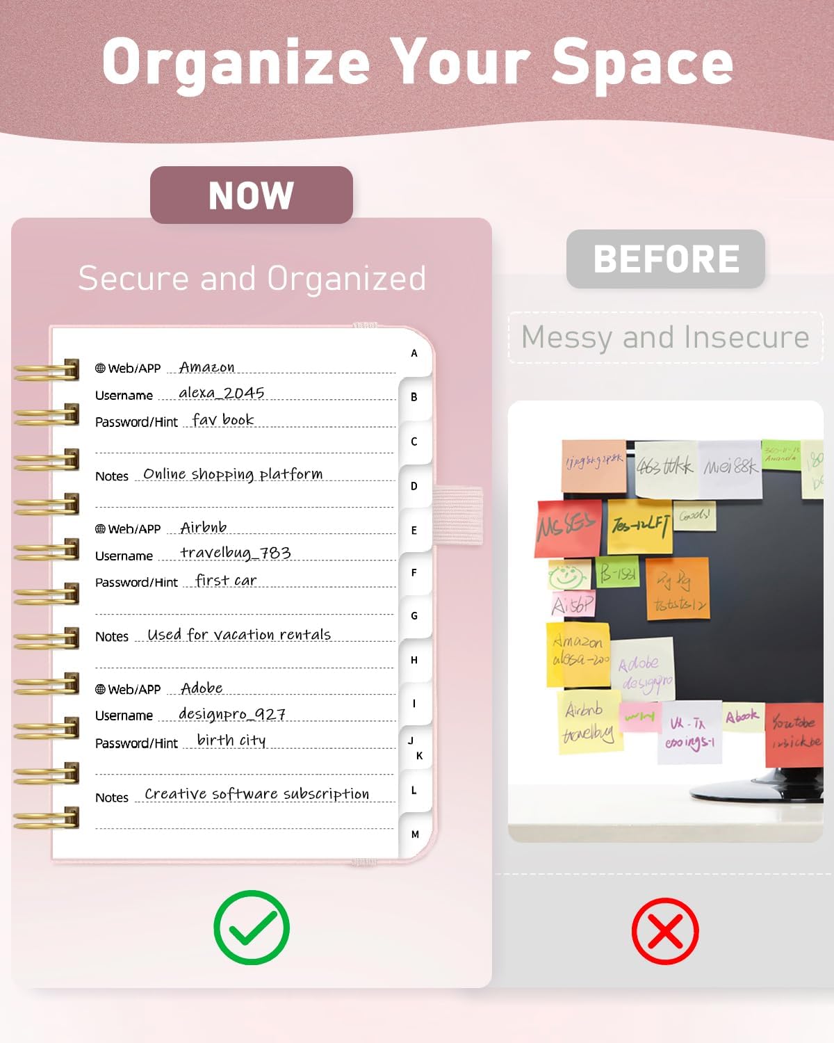 WEMATE Password Book with Alphabetical Tabs, Spiral Password Keeper Book for Seniors, Internet Password Notebook Password Journal Logbook Log in Detail, Small – 4.7''x 6'' (Rose Gold)