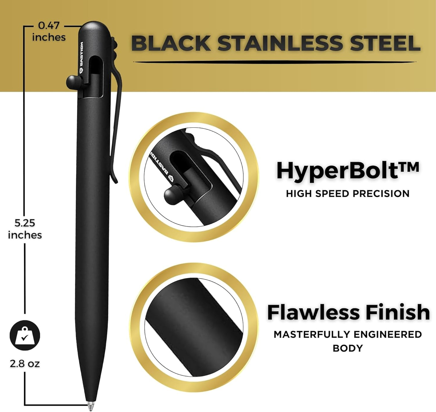 BASTION® Luxury Bolt Action Pen, Durable Professional Ballpoint Pen with Fine Tip, EDC Pen Ink Refillable Pen - Black Stainless Steel