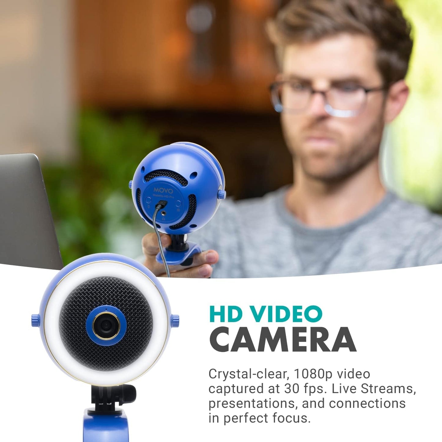 Movo WebMic HD Pro All-in-One Webcam with Mic and Ring Light in Royal Blue- 1080p HD Camera, Pro Cardioid Condenser Microphone, LED Ring Light - HD Webcam for Streaming, Video Calls, Recording, Gaming