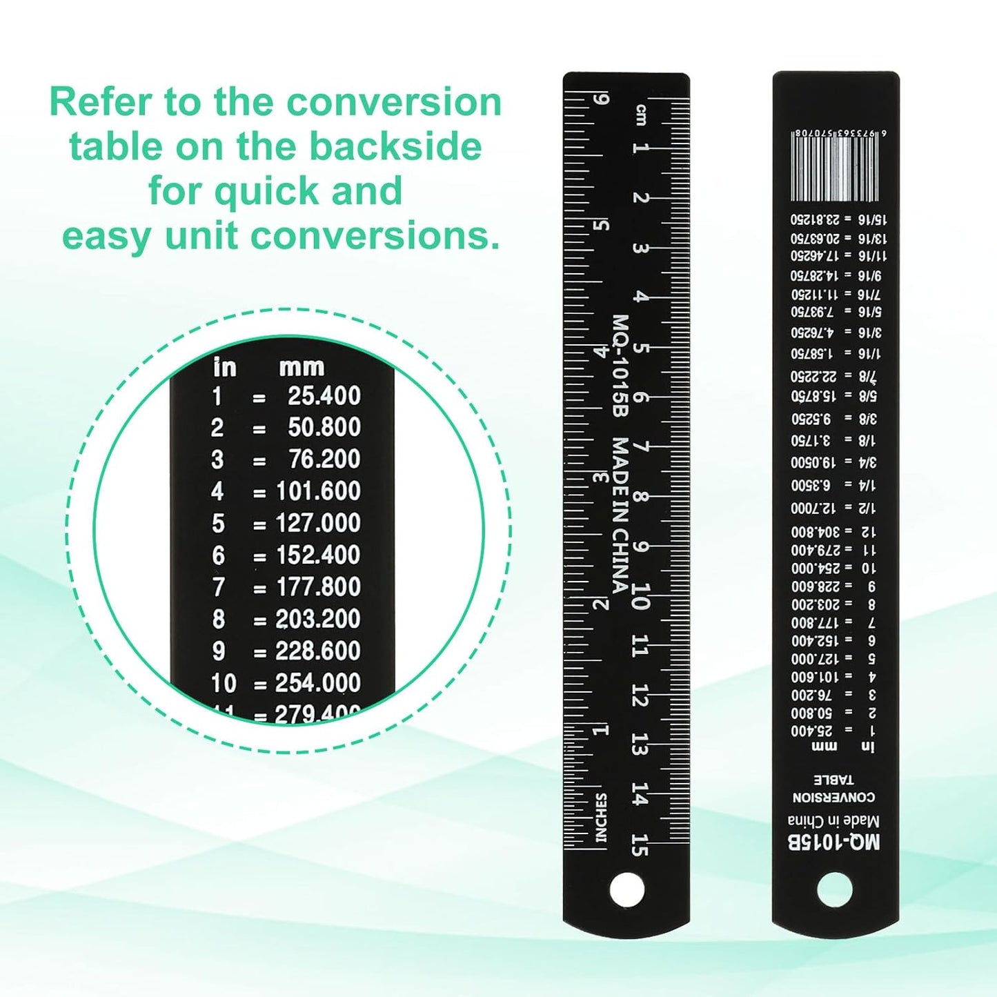 PATIKIL 15cm/6" Metal Ruler, 2 Pack Aluminum Alloy Rulers with Centimeters, Millimeters, Inches and Conversion Table Straight Edge Ruler for Writing Machinist Drafting, Black