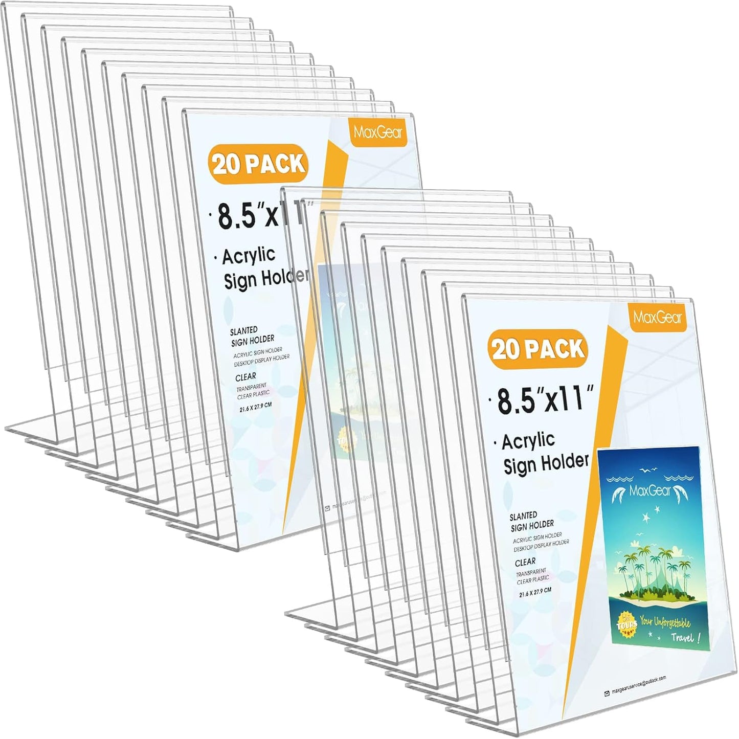 MaxGear Acrylic Sign Holder 8.5 x 11 Inches, Clear Sign Holders Plastic Display Stand Slant Back Countertop Display Picture Frames for Menus, Flyer, Use In Office, Store, 20 Pack