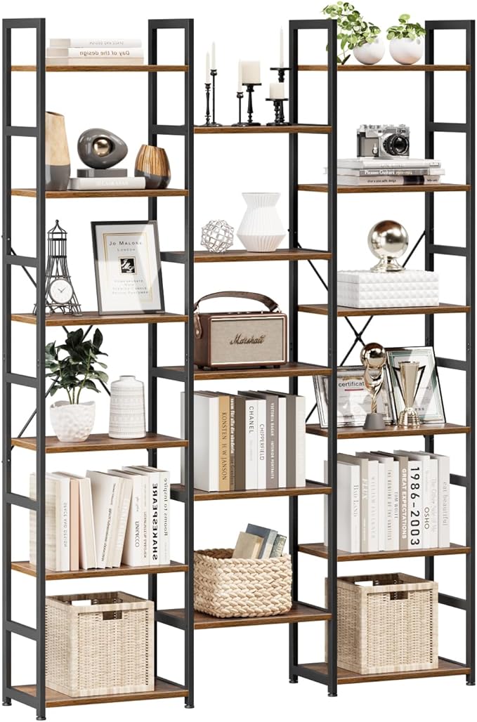NUMENN Triple Column 6 Tier Bookshelf, Bookcase with 17 Open Display Shelves, Adjustable Rustic Industrial Style Book Shelves, Modern Bookshelves for Bedroom, Living Room and Home Office, Vintage