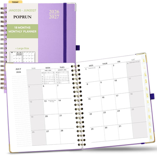 POPRUN Monthly Planner 2026-2027 Spiral Hardcover (8'' x 10''), 18 Months Calendar (Jan.2026-Jun.2027) - 2 Pages per Month with Dotted Note Pages, Sunday Start, Laminated Tab - Violet