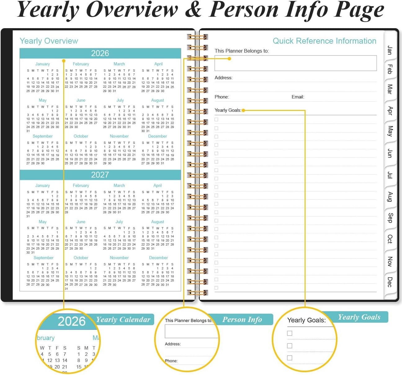 2026 Planner - Planner 2026 from January 2026 - December 2026, Weekly & Monthly Planner Spiral Bound with 12 Monthly Tabs, Inner Pocket, 6.4" x 8.5", Black-B