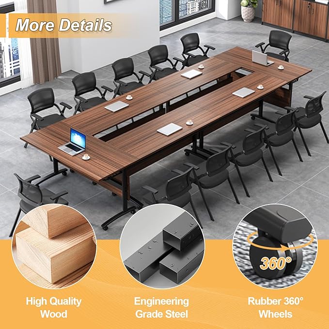 Conference Room Table with Silent Wheels, Mobile Folding Conference Table for 16 Person,Flip Top Office Training Tables with Walnuts Wood Tabletop, for School,Business Meeting Rooms (8Pack 71in)