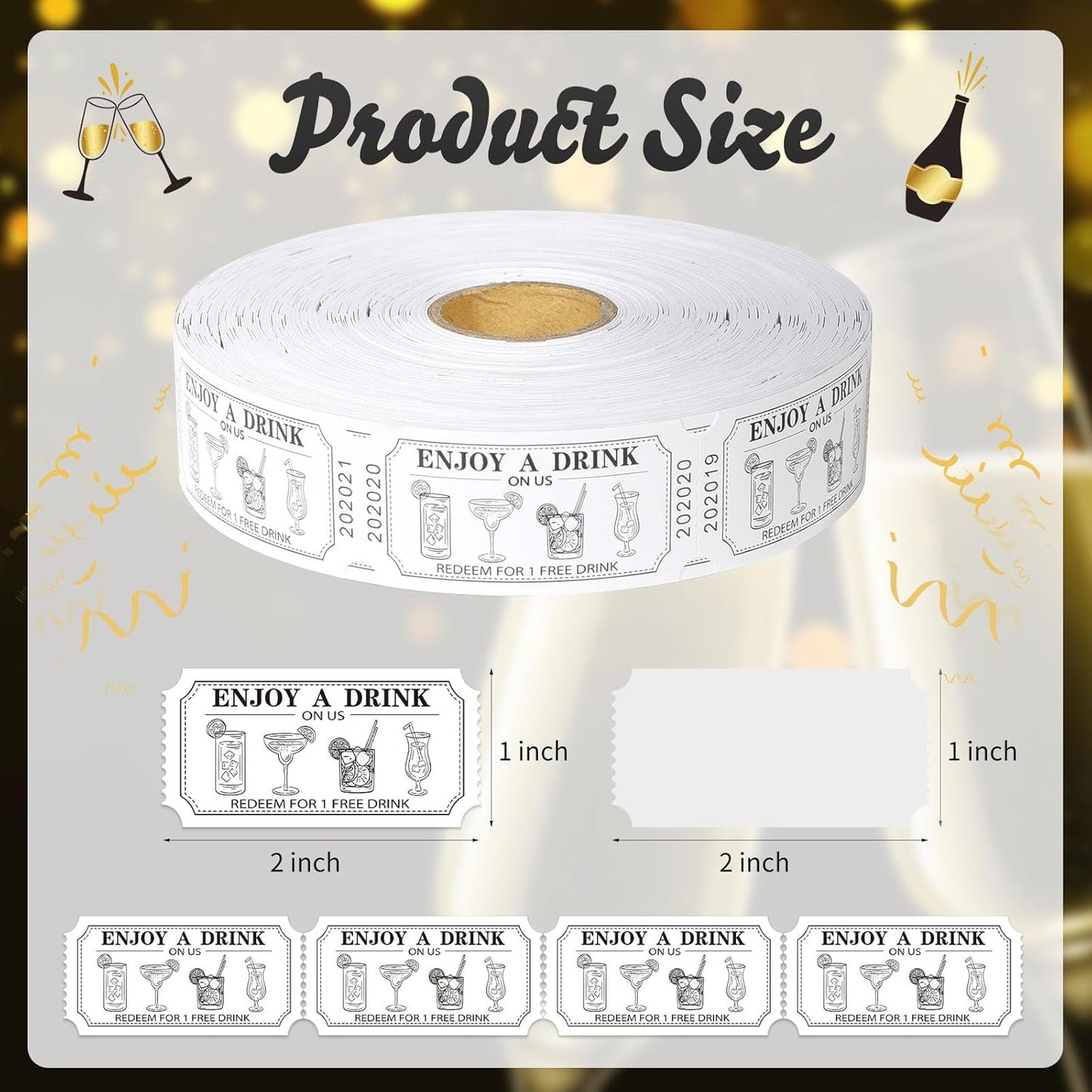 1000 Pcs Drink Ticket Single Raffle Tickets Roll Cocktail Design Free Drink Ticket for Events Wedding Work Formal Parties Leisure Class Reward