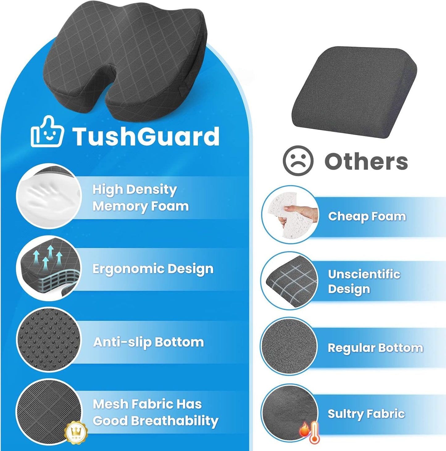 TushGuard Seat Cushion - for Office Chair, Car Seat, Airplane, Bleacher - Sciatica & Coccyx Pain Relief Desk Chair Cushion for Long Sitting Office Workers, Car Drivers(Grey, XX-Large)