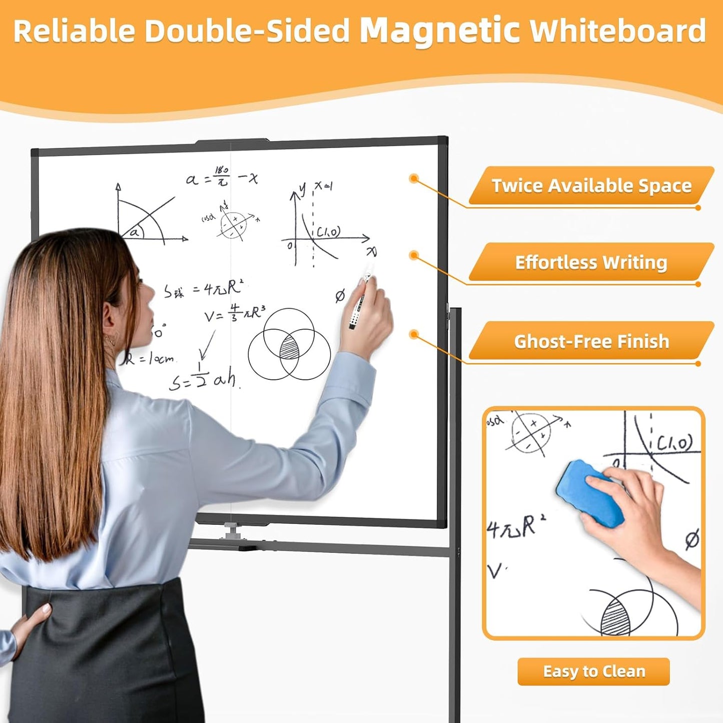 WALGLASS Rolling Whiteboard on Wheels, 60"x48" Double-Sided Dry Erase White Board with Stand, Large Magnetic Whiteboard, Big Portable Standing Black Boards for Office, School, Home, Classroom 5x4 ft