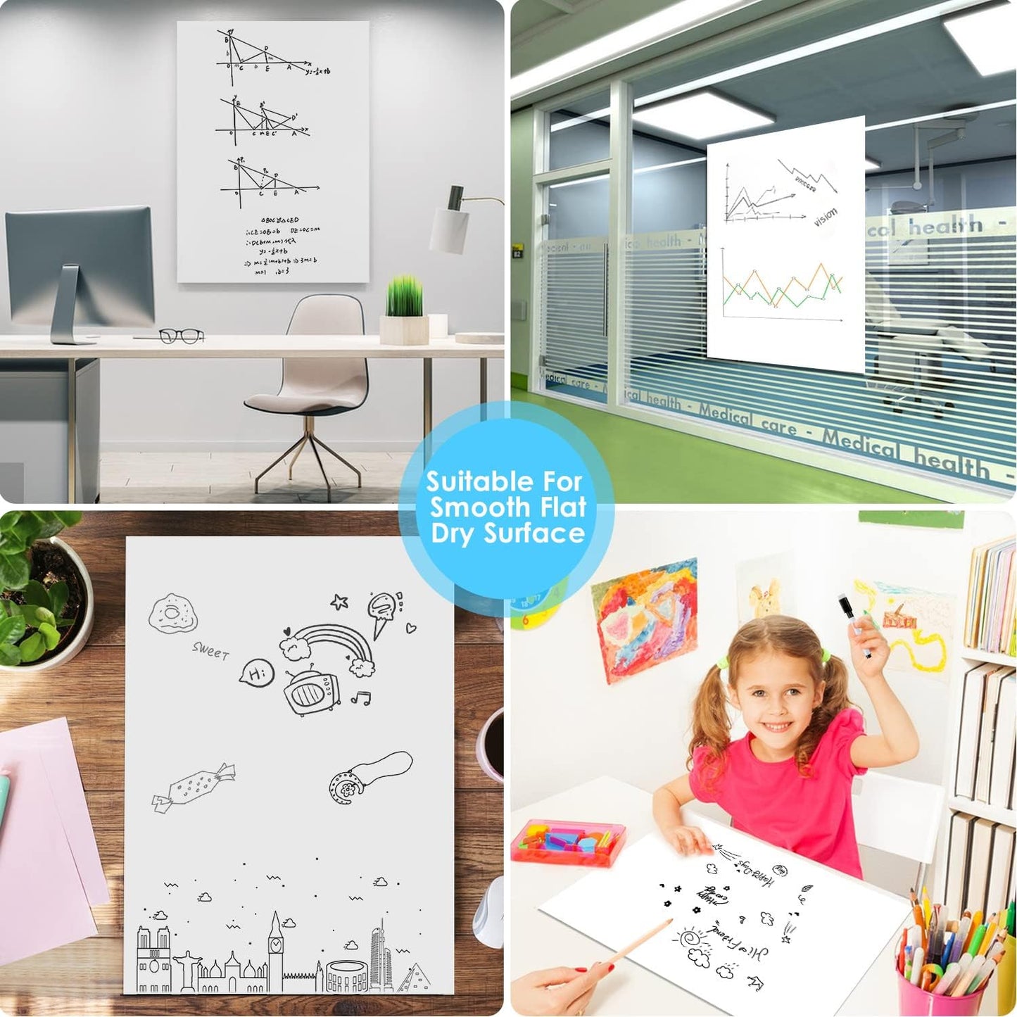 2 Roll Static Cling Dry Erase Sheets, Removable Reusable Whiteboard Poster Paper for Wall, Portable White Board Dry Erase Wallpaper 16.5x23-30 Sheets