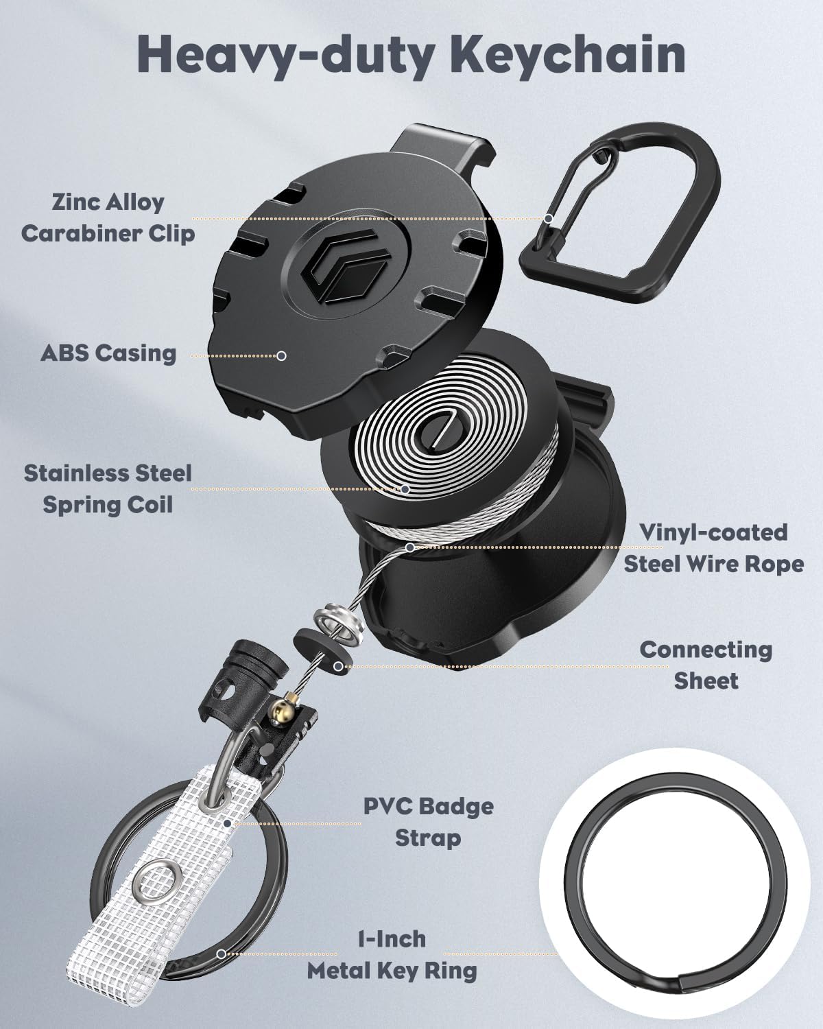 Uniclife Retractable Keychain Heavy Duty Carabiner Badge Holder Tactical ID Badge Reel for up to 8 oz with Stainless Steel Spring Coil 31.5 Inch Steel Wire Rope Retractable Lanyard Clip and Key Ring