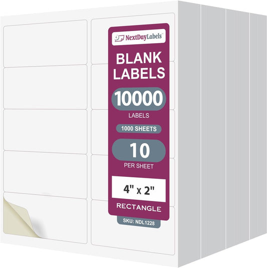 NextDayLabels – 4” x 2” Rectangular Sticker Labels for Printer - White Laser/Inkjet Printer Labels Return Address Labels Shipping Label Stickers (1000 Sheets, 10 Per Sheet, 10000 Labels)