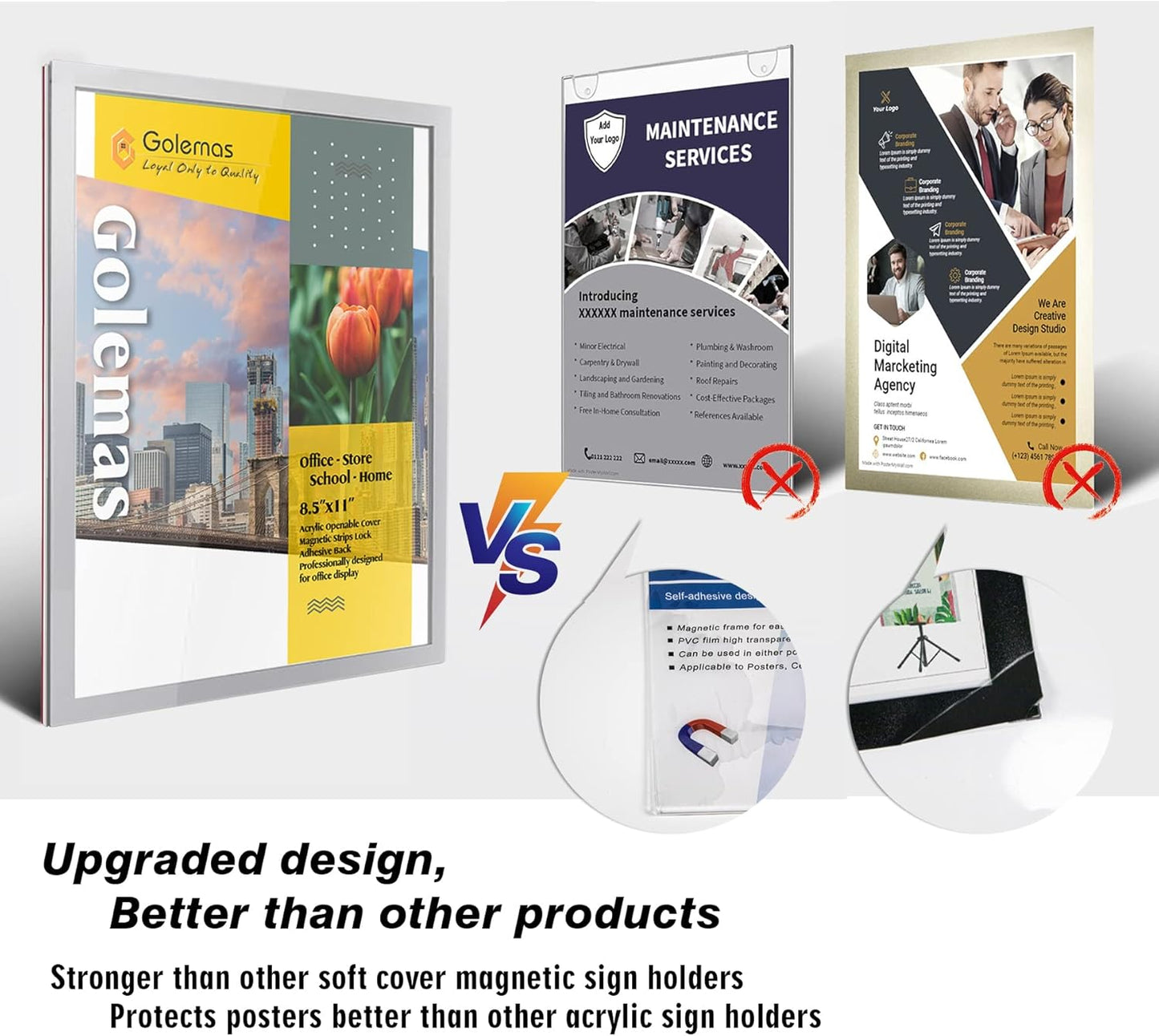 Acrylic Magnetic Sign Holder, Easy-Opening 8.5 x 11 Wall Mount Display Frames, Self Adhesive Back Plastic Clear Document Frame, Horizontal & Vertical Display (Silver, 12Pack)