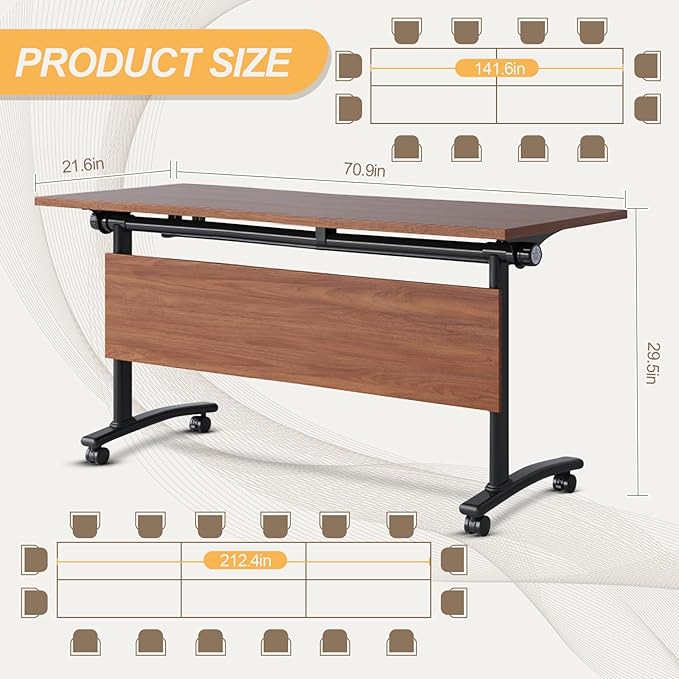 Conference Room Table with Silent Wheels, Mobile Folding Conference Table for 16 Person,Flip Top Office Training Tables with Walnuts Wood Tabletop, for School,Business Meeting Rooms (2 Pack 71in)