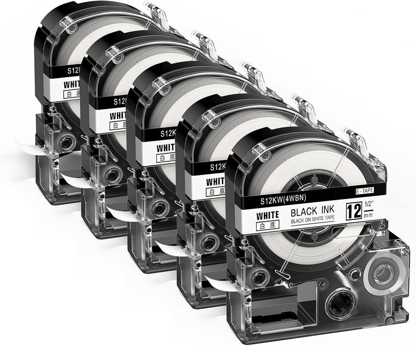 Anycolor Compatible with Epson Label Maker Tape 12mm LK-4WBN LC-4WBN 4WBN9 SS12KW 1/2" Black on White 0.47" Label Tape Work for Epson LabelWorks LW300 LW400 LW500 LW700 LW-K200PX Label Maker, 5-Pack