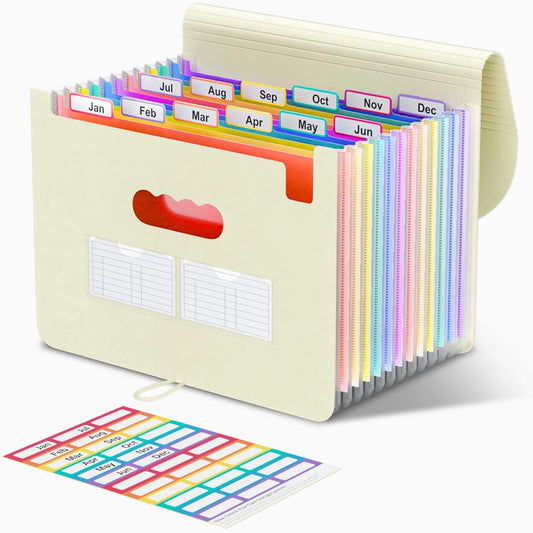 ThinkTex Accordion File Organizer, 12 - Pocket Expanding File Folders for Paper Receipts, Bills&Taxes Organizer, Letter/A4 Size Document Holder for School, Office, Home with tabs-Beige Color