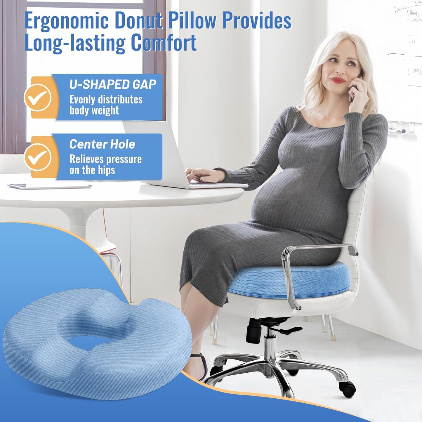 CloudBliss Donut Pillow Seat Cushion Chair Pad for Tailbone Pain Relief and Hemorrhoids, Memory Foam Seat Chair Cushion for Men and Women for Home & Office, (Light Blue)