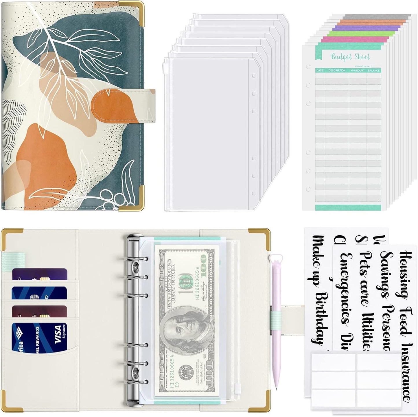 Rnivvi Budget Binder with Zipper Envelopes, A6 Money Saving Binder Cash Envelopes for Budgeting, PU Leather Planner Money Organizer for Cash Bills, Cute Boho System Wallet for Women, Abstract Leaves