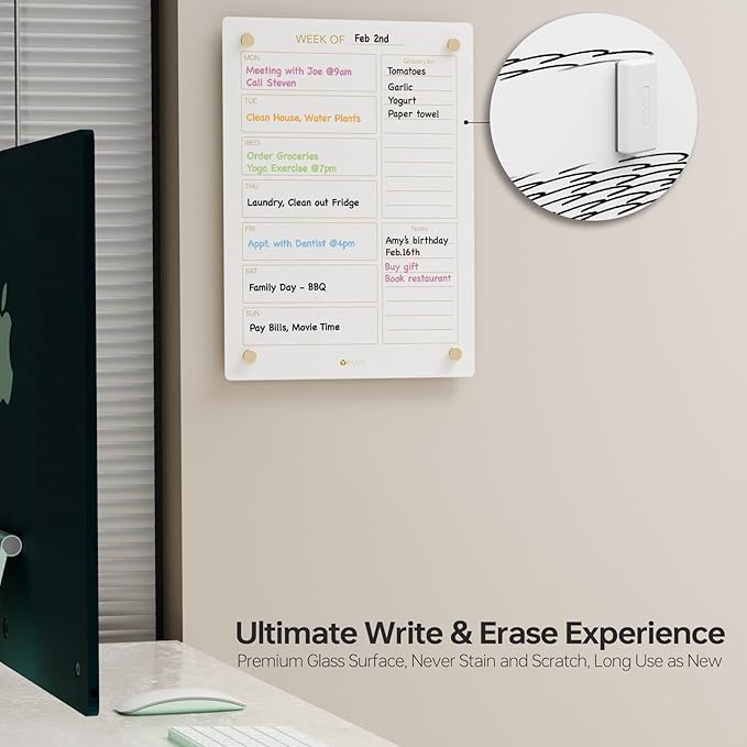 Glass Golden Weekly Dry Erase Calendar & Menu Whiteboard for Wall, Meal Planning & Grocery Shopping List White Board for Kitchen, 15x11, 7 Days Planner for Home, 4 Wet Erase Markers Included, Yeoux*