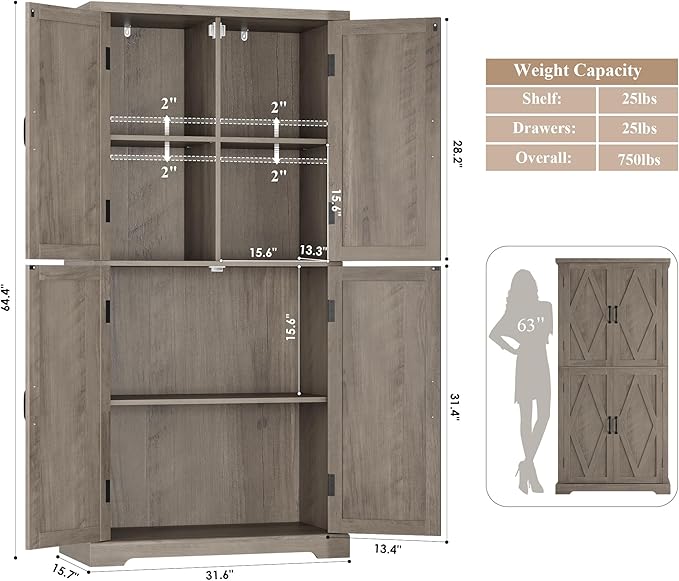 HOSTACK 64" Tall Pantry Cabinet, Modern Farmhouse Kitchen Pantry, Wood Bathroom Storage Cabinet, Large Bookcase, 4 Doors|Adjustable Shelves, for Dining Room, Living Room, Home Office, Ash Grey