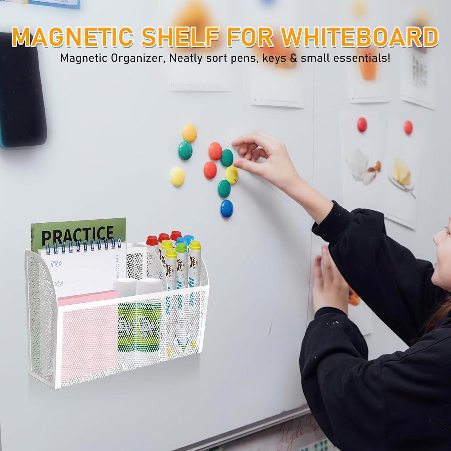 Magnetic Pencil Holder Magnetic Shelf for the Whiteboard 3-Grid Mesh Magnetic Pen Holder for Refrigerator Magnetic Organizer Locker Accessories Organizer for Office (White)
