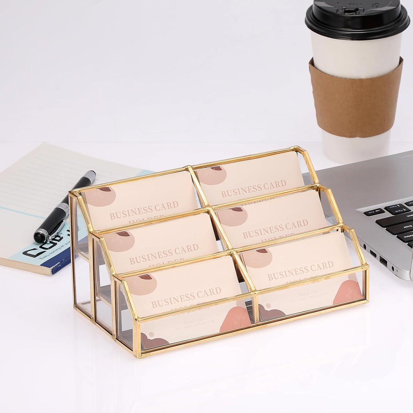 Hipiwe Gold Metal Desk Business Card Holder Glass Name Card Display Organizer 3 Tiers 6 Slot Business Card Stand for Exhibition Office Desktop