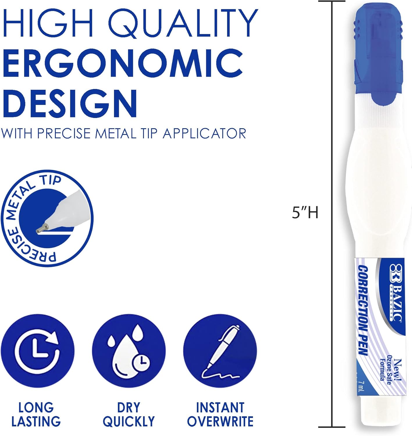 BAZIC Correction Pen, Precise Metal Tip Applicator, Fine Point Corrections Fluid, White Out Wipe Out Liquid (2/Pack), 24-Packs