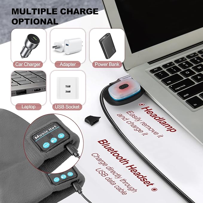 Gifts for Men, Rechargeable Bluetooth Music Unisex Beanie Hat with Light, Stocking Stuffers for Women, Birthday Gifts for Men, for Him, Grey