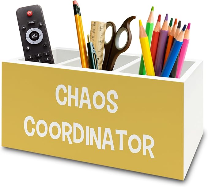 Chaos Coordinator Yellow Pen Pencil Holder Organizer for Desk, Thank You Gifts for Women Men Coworkers Boss Leader Manager, Appreciation Gifts Wooden Box Sign for Office Tabletop Decorations
