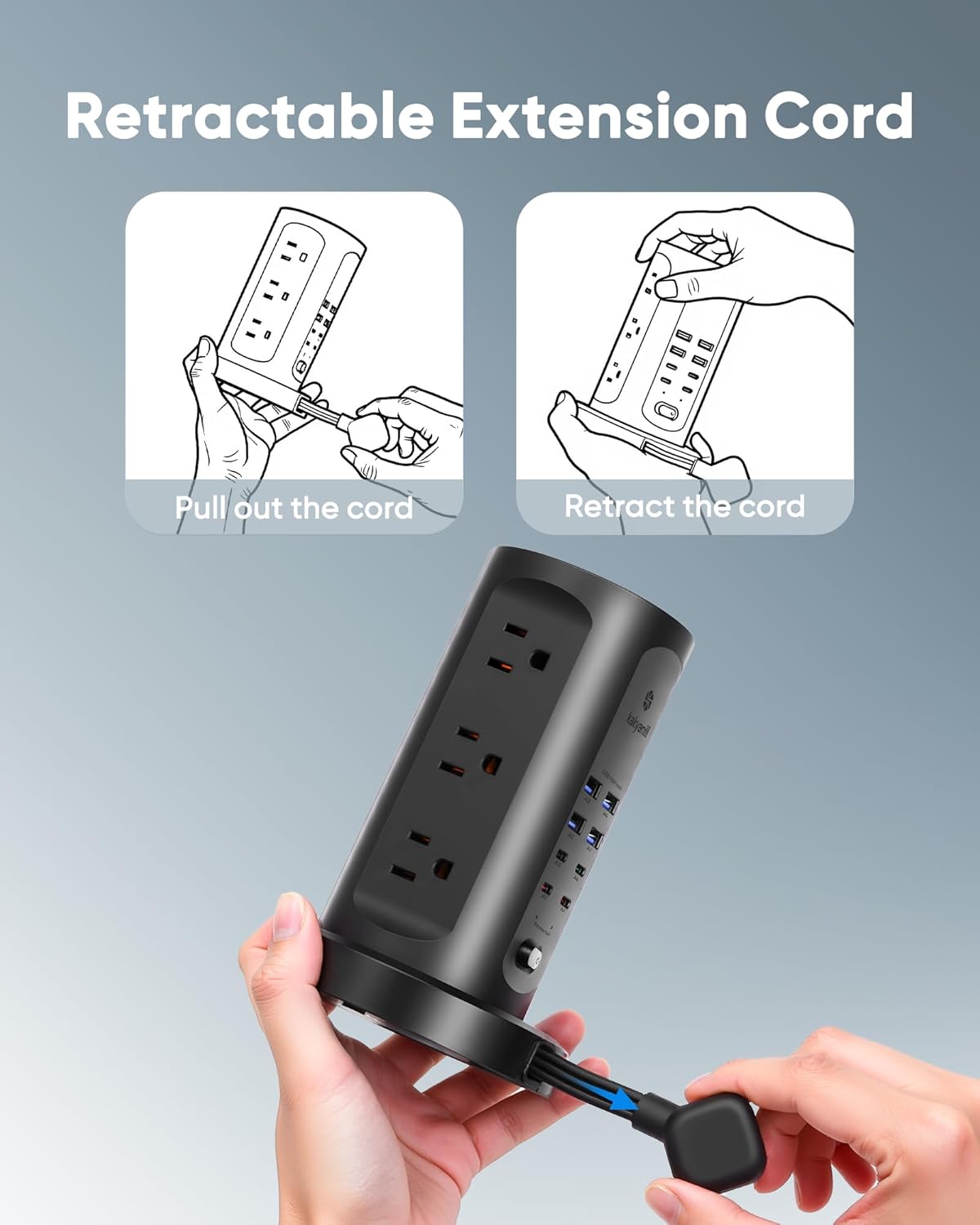 115W USB Charging Station, Surge Protector Power Strip Tower, 9 AC Outlets with 8 USB Ports(4 USB-C), 6Ft Flat Plug Retractable Extension Cord, for Home Office Dorm, Black