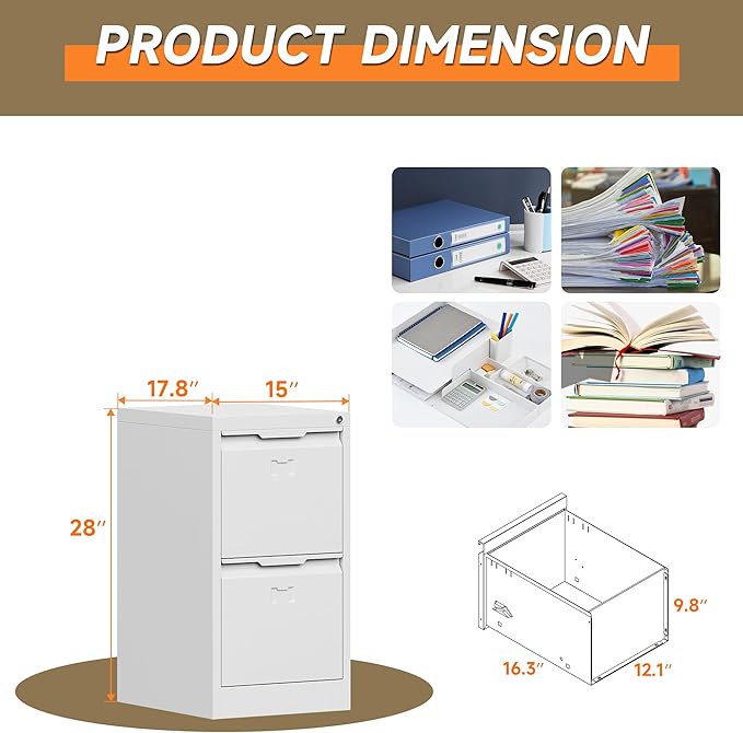 2 Drawer File Cabinet, Metal Vertical File Cabinets with Lock for Home Office, Locking File Cabinet Hanging Files for A4/ Legal/Letter, Assembly Required (White, 2 Drawer - 15" W)