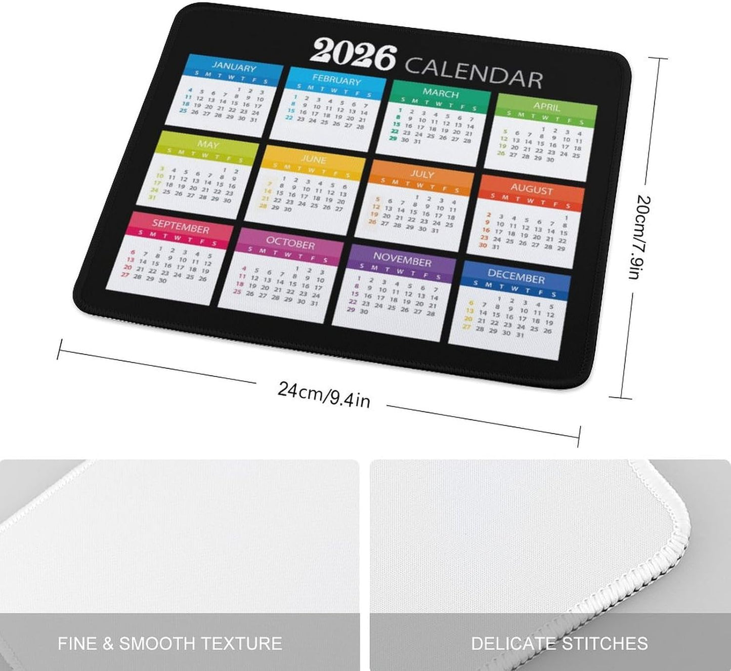 Mouse Pad 2026 Calendar Stitched Edge,Computer Mouse Pads Calendars Non-Slip Rubber Desk Mat Mousepad Gaming Office Keyboard Mat (9.45x7.87 in) (Color)