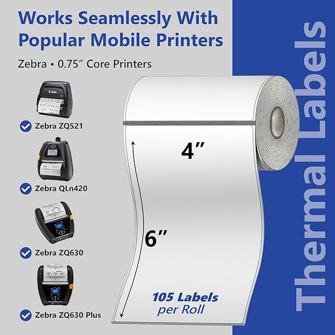 Mobile Printer Labels 4x6 - Printable Thermal Shipping Address Labels Compatible with Zebra Printers - Thermal Label Printer Paper 0.75-inch core with 105 Labels per Roll (6 Rolls)